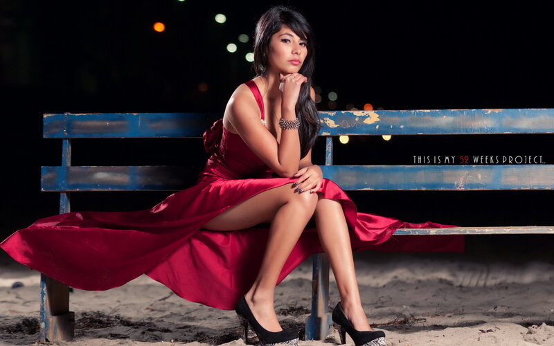 Woman in Red Dress — Dramatic, Night, Photograph, Bench, Sand