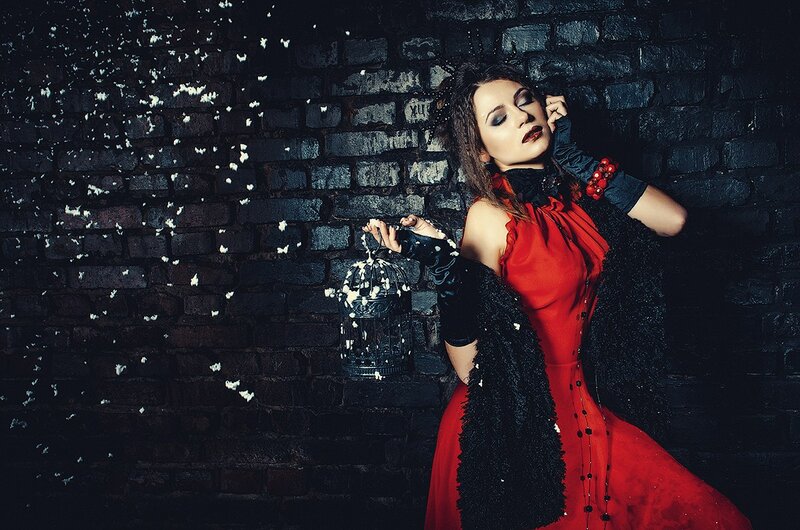 Woman in Red Dress — Dramatic, Night, Photograph, Birdcage