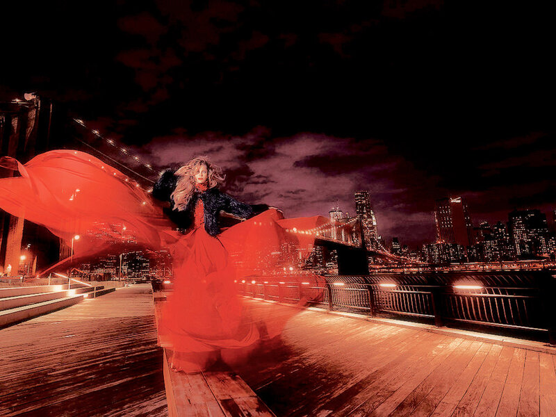 Woman in Red Dress — Dramatic, Night, Photograph, Bridge