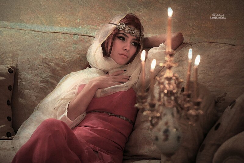 Woman in Red Dress — Dramatic, Night, Photograph, Candle