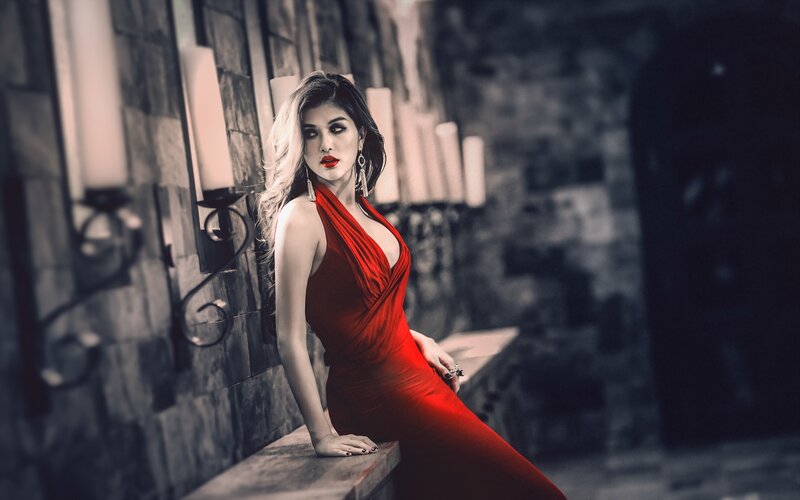 Woman in Red Dress — Dramatic, Night, Photograph, Candles, Stone Wall