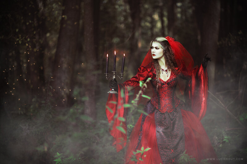 Woman in Red Dress — Dramatic, Night, Photograph, Candlestick, Forest