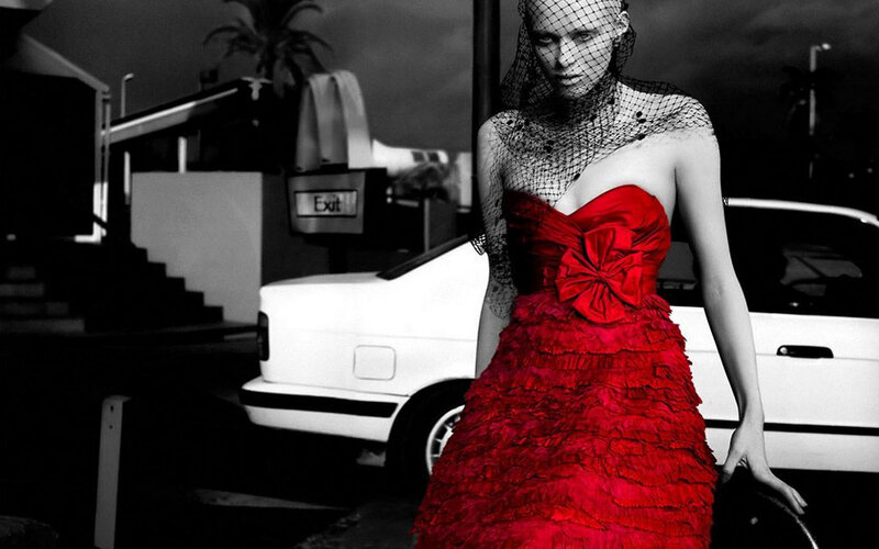 Woman in Red Dress — Dramatic, Night, Photograph, Car
