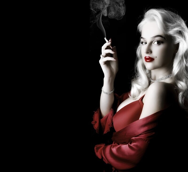 Woman in Red Dress — Dramatic, Night, Photograph, Cigarette