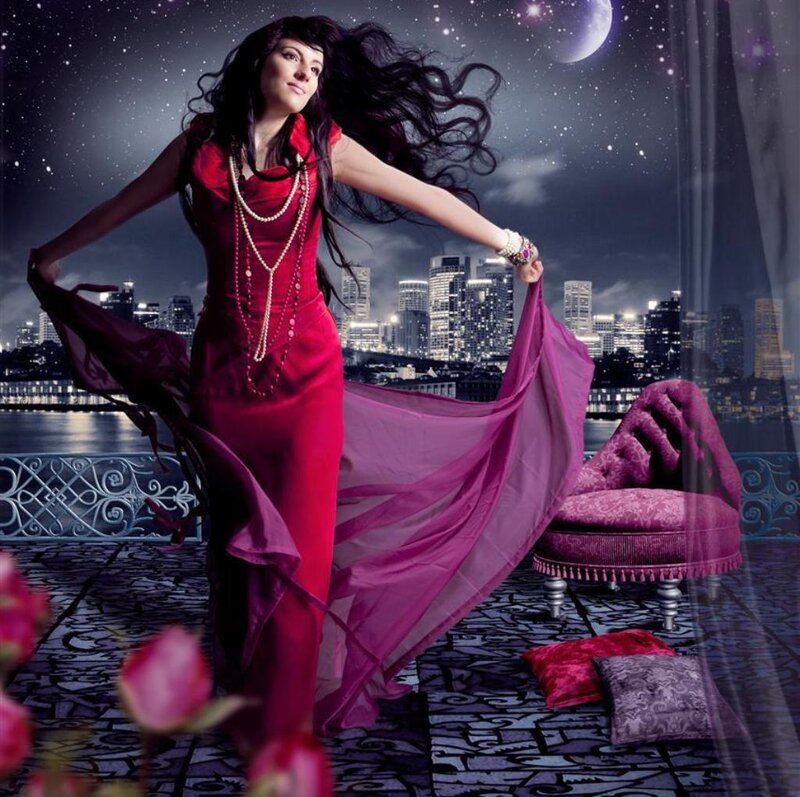 Woman in Red Dress — Dramatic, Night, Photograph, City Skyline, Moon