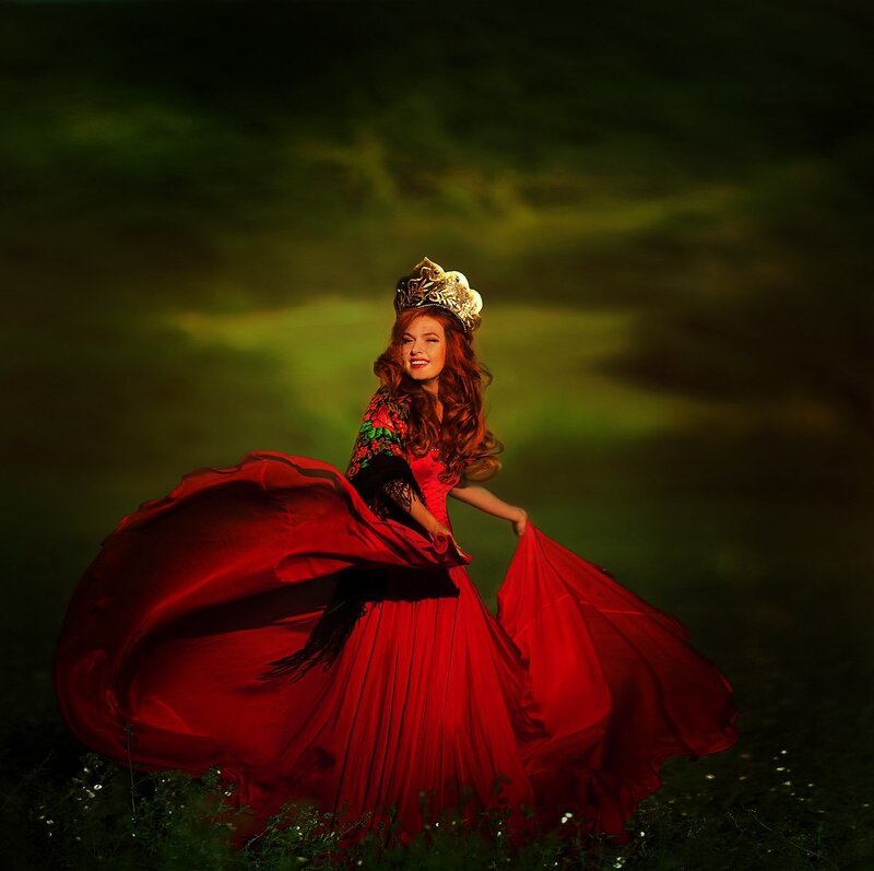 Woman in Red Dress — Dramatic, Night, Photograph, Crown