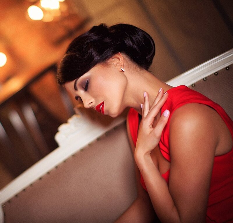 Woman in Red Dress — Dramatic, Night, Photograph, Earring