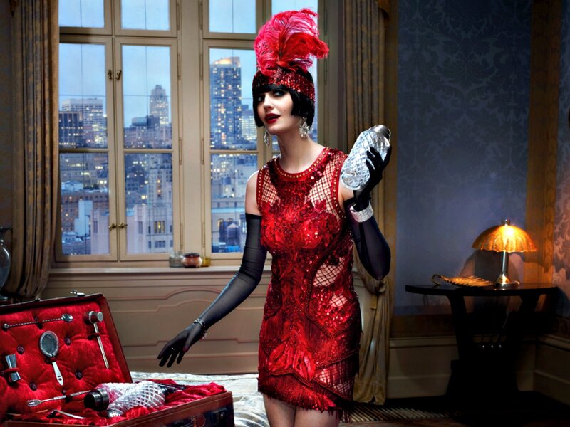 Woman in Red Dress — Dramatic, Night, Photograph, Feather Hat