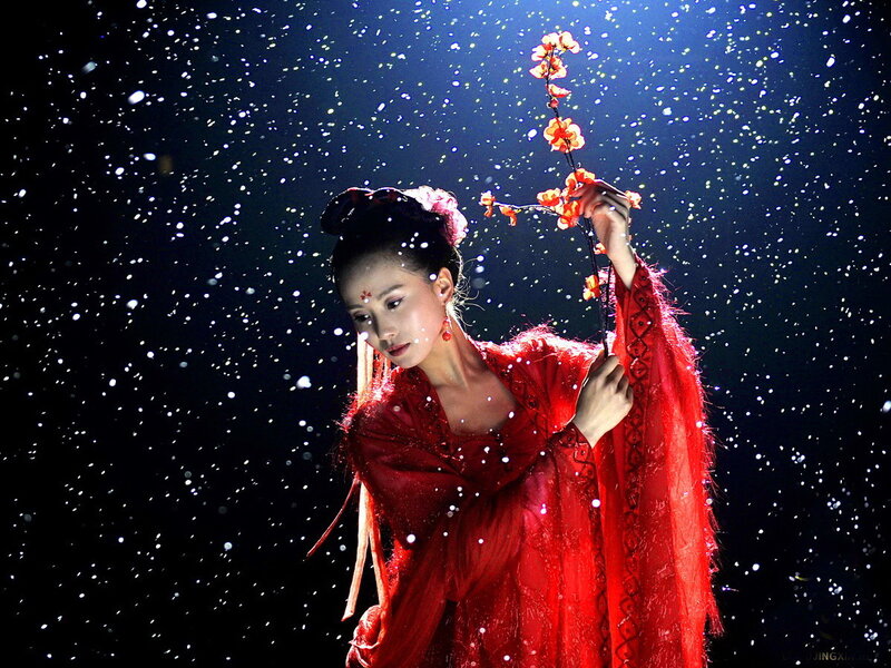 Woman in Red Dress — Dramatic, Night, Photograph, Flower Branch