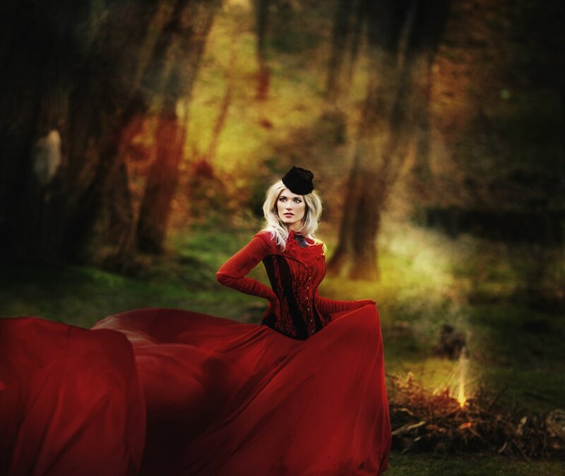 Woman in Red Dress — Dramatic, Night, Photograph, Forest, Fire