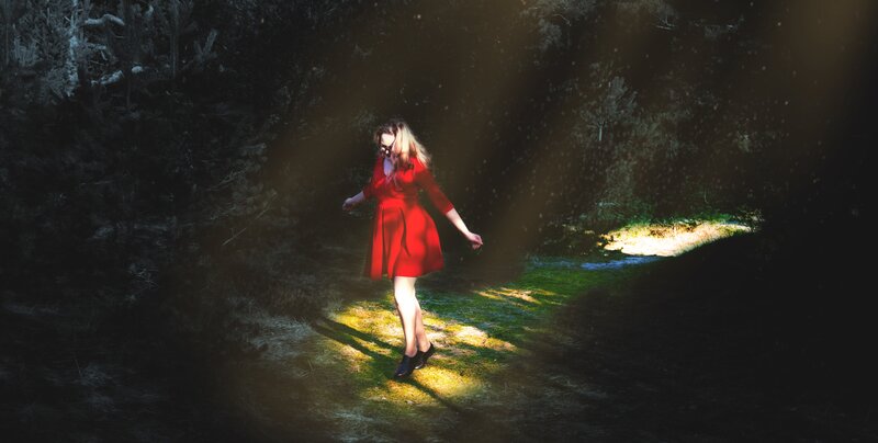 Woman in Red Dress — Dramatic, Night, Photograph, Forest, Light Beams