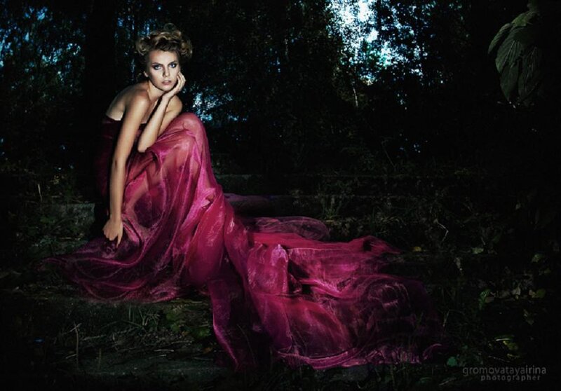 Woman in Red Dress — Dramatic, Night, Photograph, Forest