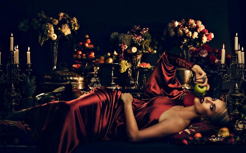 Woman in Red Dress — Dramatic, Night, Photograph, Fruit
