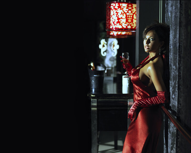 Woman in Red Dress — Dramatic, Night, Photograph, Gloves, Champagne Glass