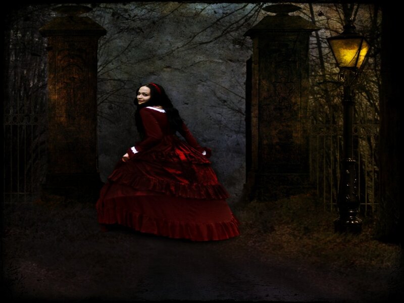 Woman in Red Dress — Dramatic, Night, Photograph, Lamp Post