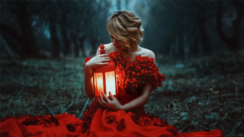 Woman in Red Dress — Dramatic, Night, Photograph, Lantern, Forest