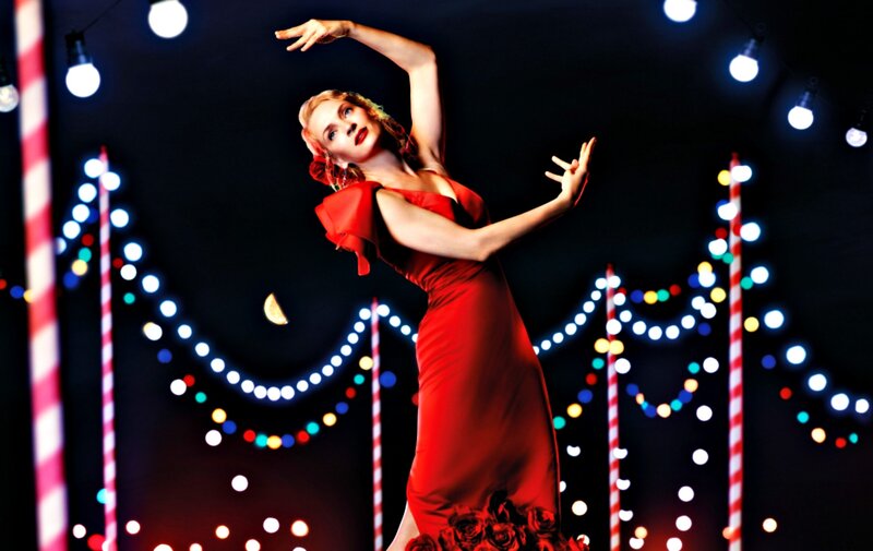 Woman in Red Dress — Dramatic, Night, Photograph, Lights