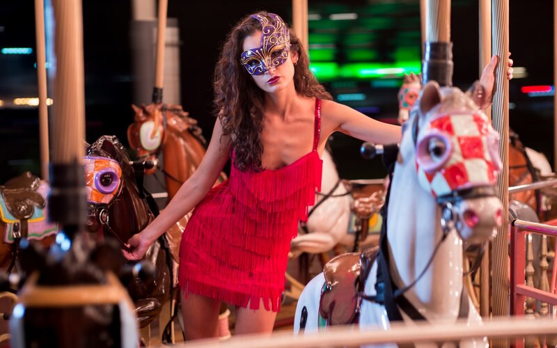 Woman in Red Dress — Dramatic, Night, Photograph, Mask, Carousel