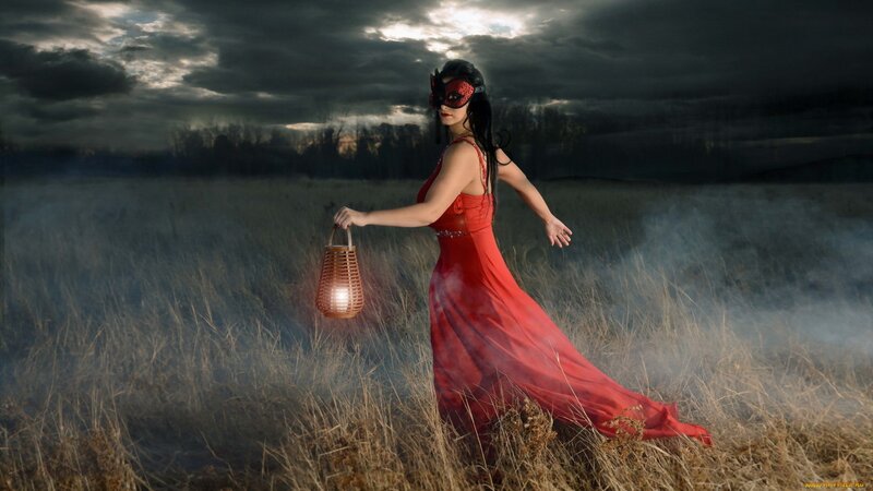 Woman in Red Dress — Dramatic, Night, Photograph, Mask