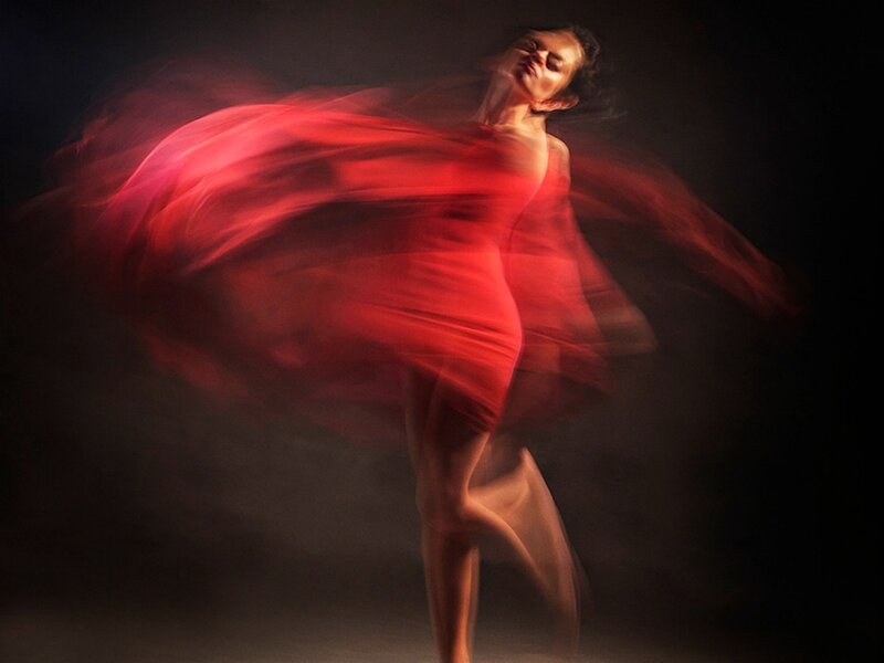Woman in Red Dress — Dramatic, Night, Photograph, Motion Blur
