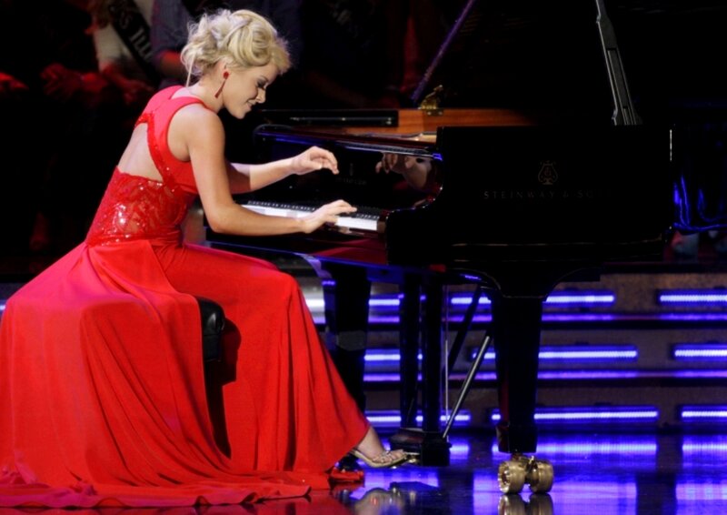 Woman in Red Dress — Dramatic, Night, Photograph, Piano, Stage