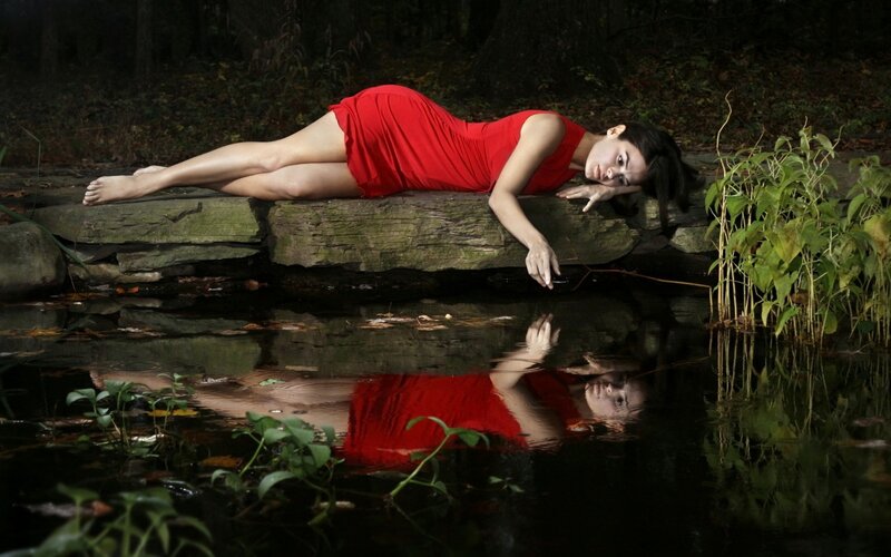 Woman in Red Dress — Dramatic, Night, Photograph, Pond