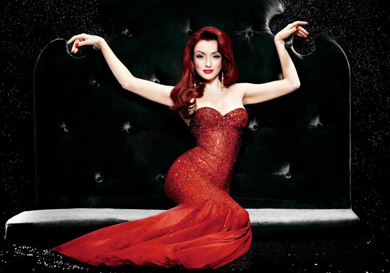 Woman in Red Dress — Dramatic, Night, Photograph, Red Dress, Black Couch