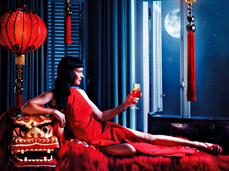 Woman in Red Dress — Dramatic, Night, Photograph, Red Lantern