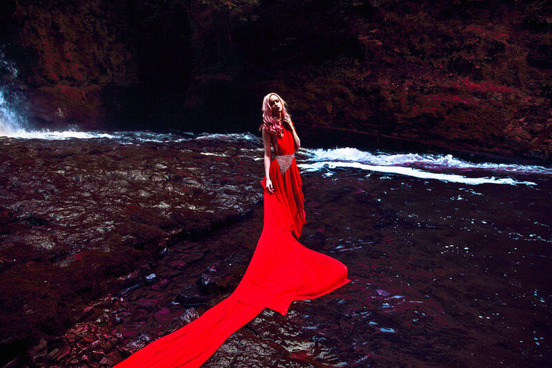 Woman in Red Dress — Dramatic, Night, Photograph, River