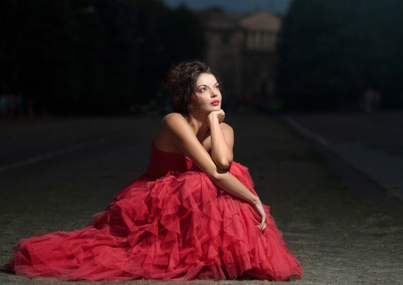 Woman in Red Dress — Dramatic, Night, Photograph, Road