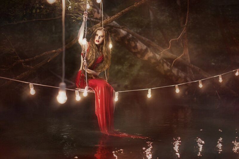 Woman in Red Dress — Dramatic, Night, Photograph, String Lights