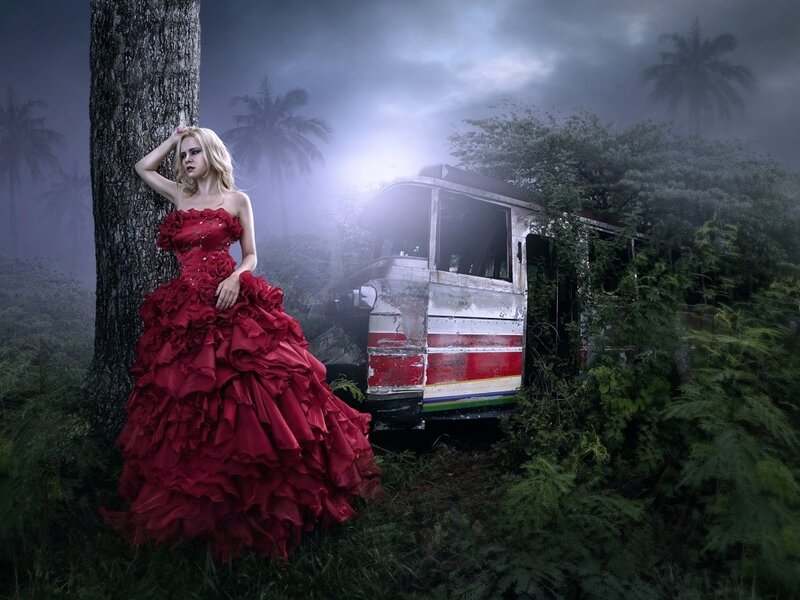 Woman in Red Dress — Dramatic, Night, Photograph, Tree, Bus