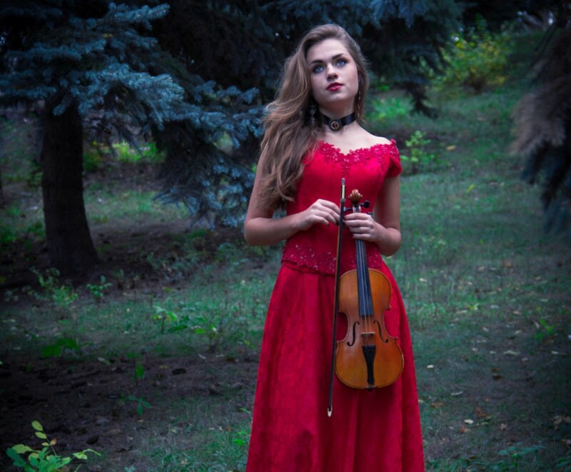 Woman in Red Dress — Dramatic, Night, Photograph, Violin, Tree