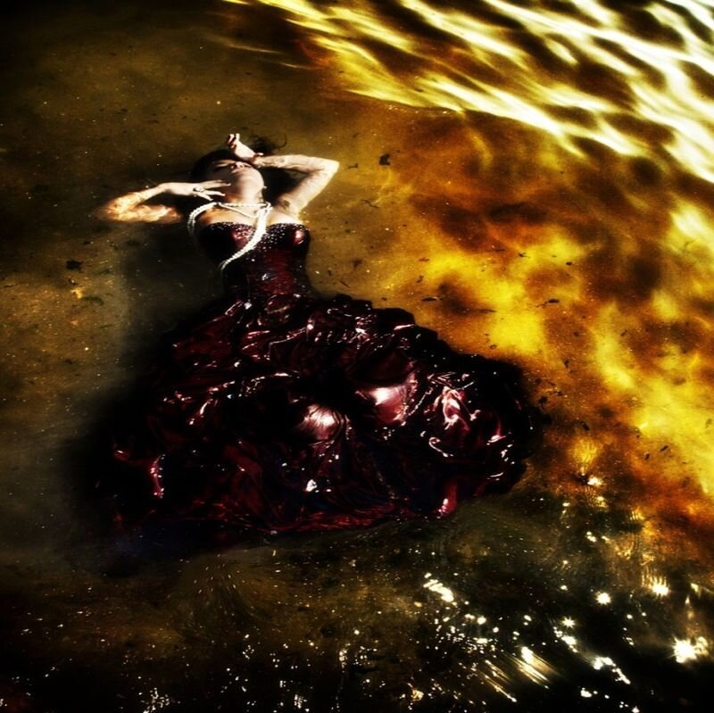 Woman in Red Dress — Dramatic, Night, Photograph, Water