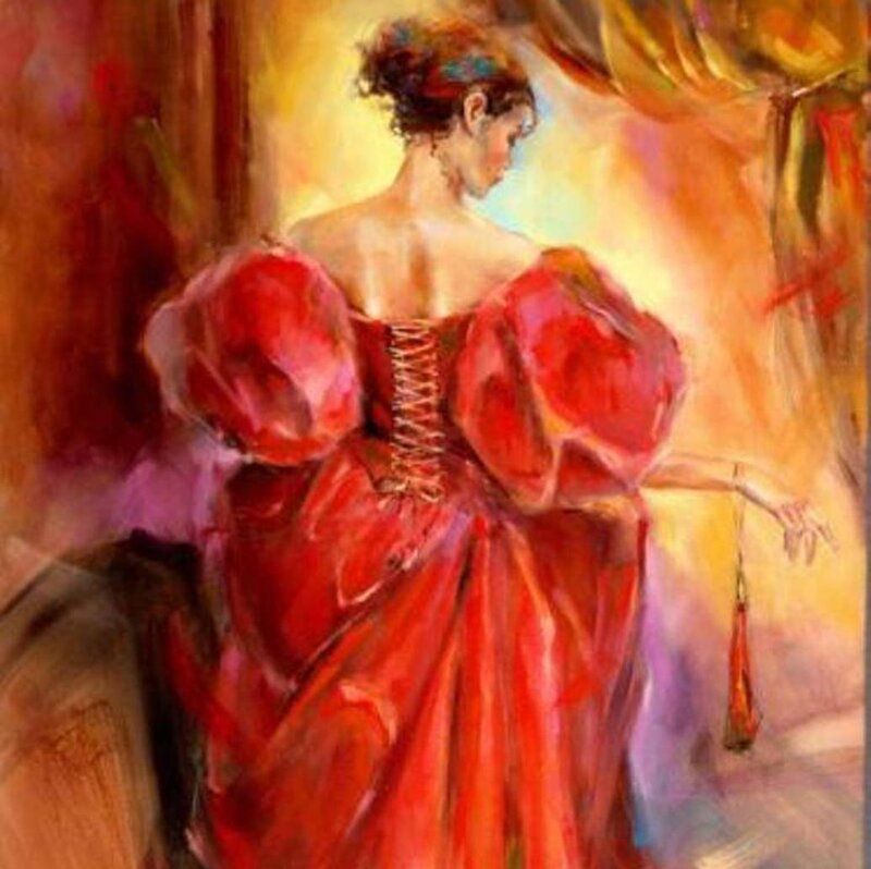 Woman in Red Dress — Dramatic, Painting, Back View