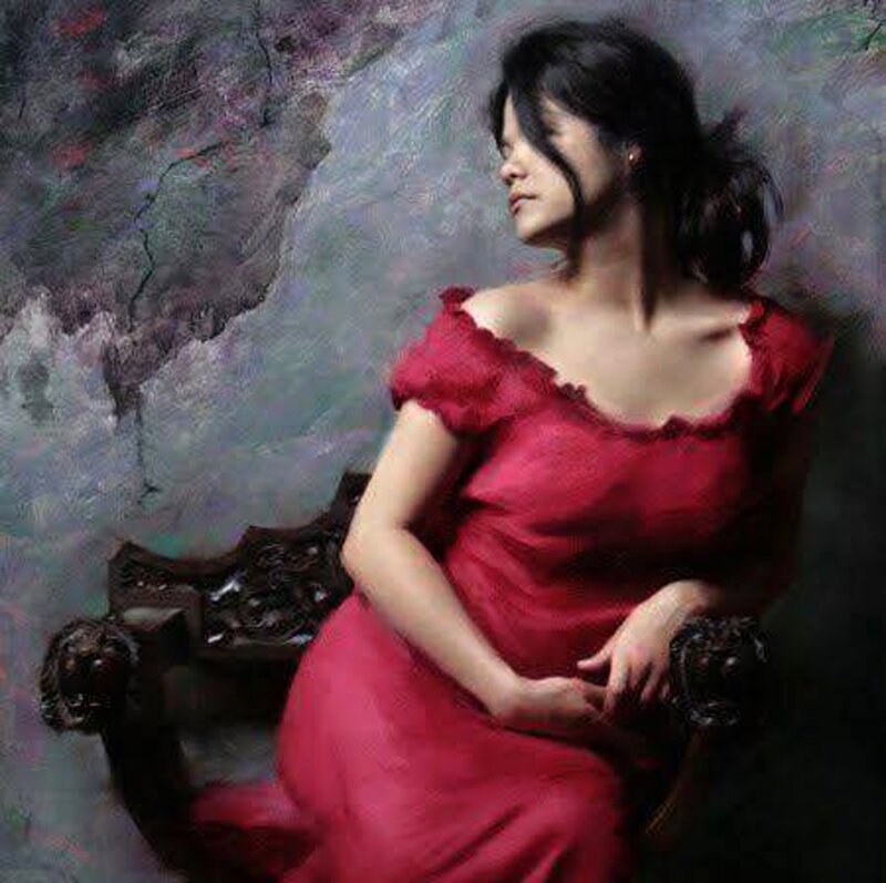 Woman in Red Dress — Dramatic, Painting, Chair