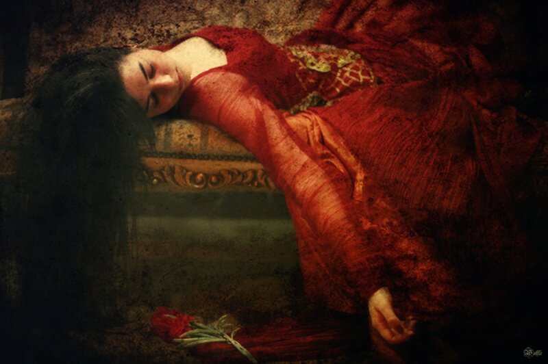 Woman in Red Dress — Dramatic, Painting, Flower