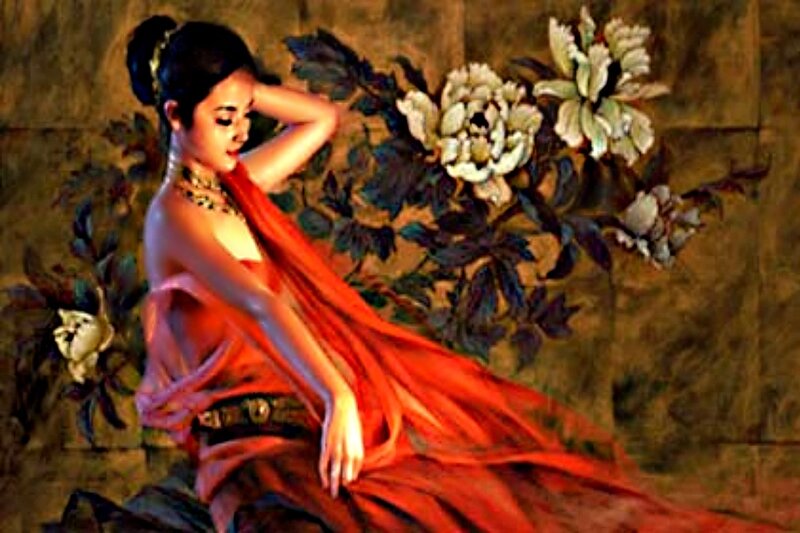 Woman in Red Dress — Dramatic, Painting, Flowers