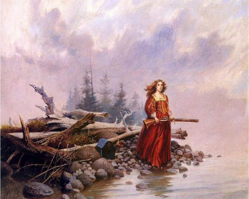 Woman in Red Dress — Dramatic, Painting, Gun