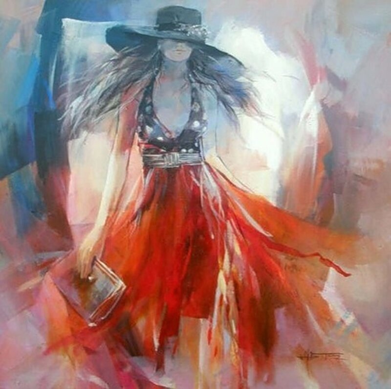 Woman in Red Dress — Dramatic, Painting, Hat