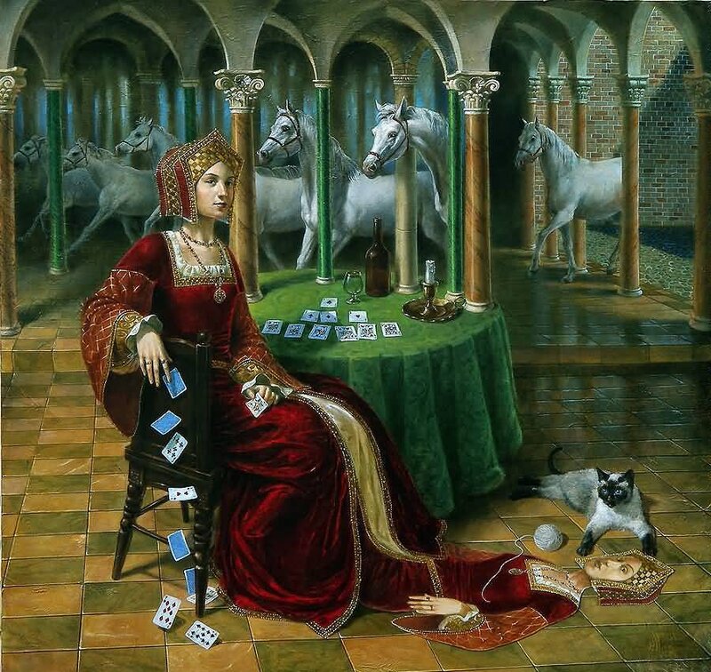 Woman in Red Dress — Dramatic, Painting, Horses