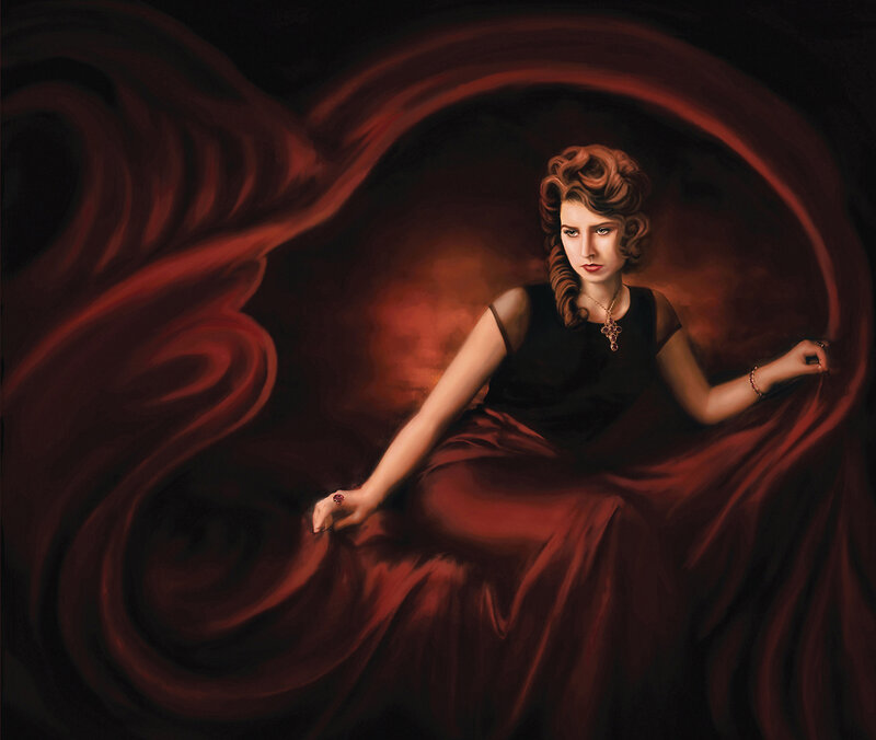 Woman in Red Dress — Dramatic, Painting, Necklace