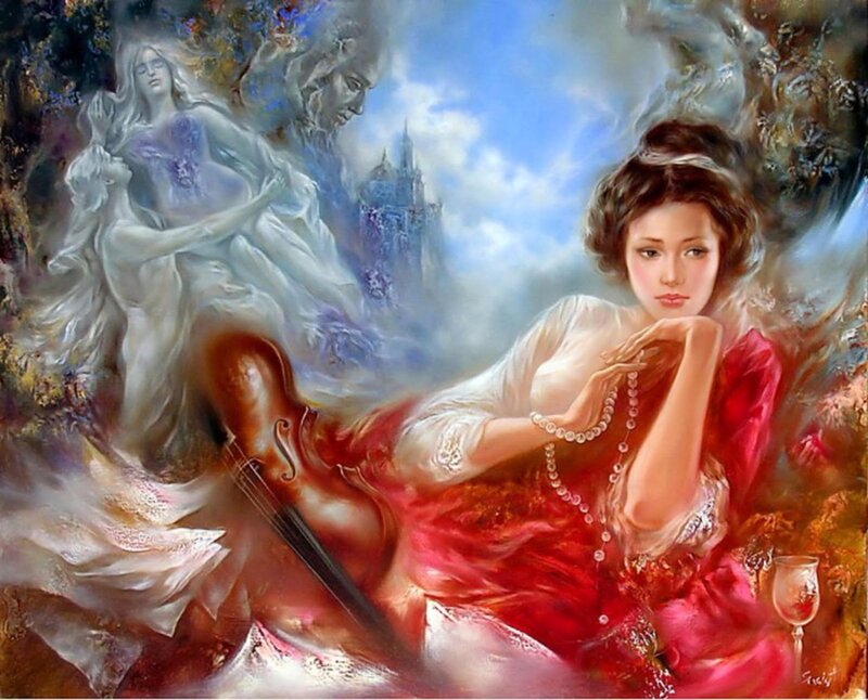 Woman in Red Dress — Dramatic, Painting, Violin