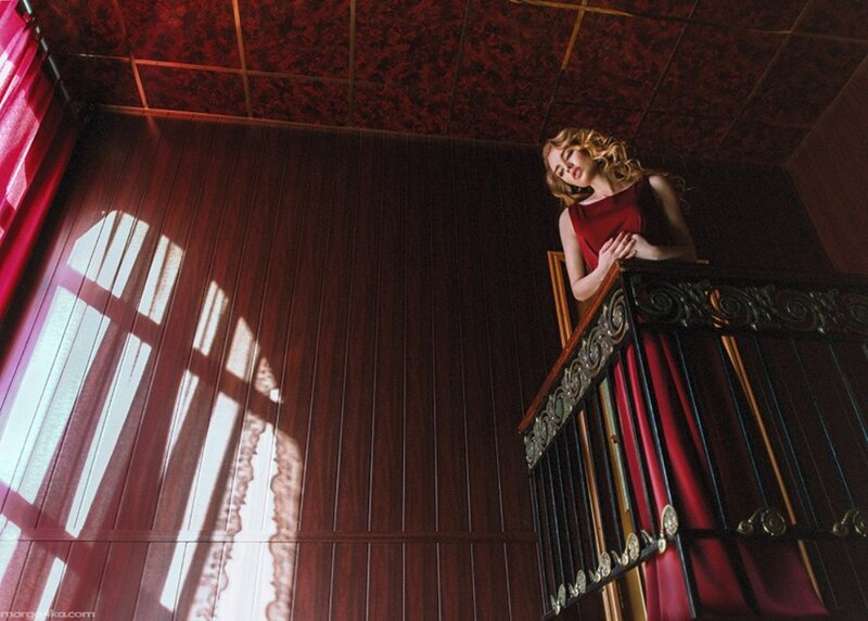 Woman in Red Dress — Dramatic, Photograph, Balcony