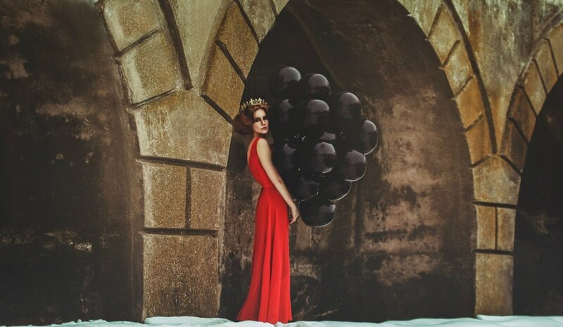 Woman in Red Dress — Dramatic, Photograph, Balloons