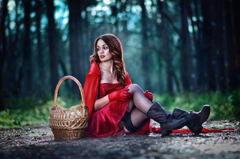 Woman in Red Dress — Dramatic, Photograph, Basket