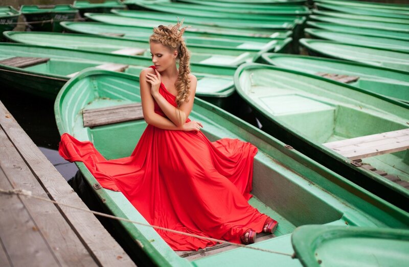Woman in Red Dress — Dramatic, Photograph, Boat, Dock