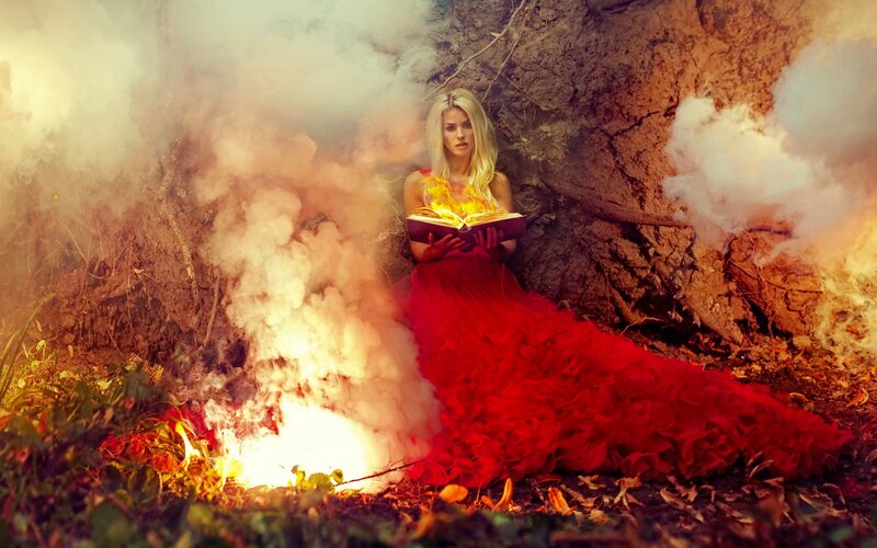 Woman in Red Dress — Dramatic, Photograph, Book, Fire