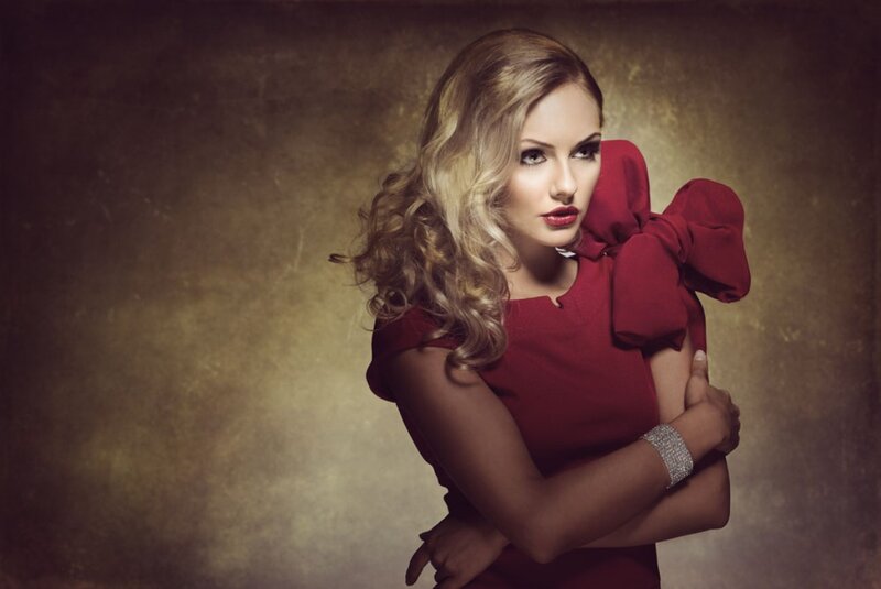 Woman in Red Dress — Dramatic, Photograph, Bracelet, Makeup