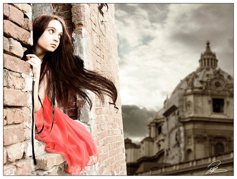 Woman in Red Dress — Dramatic, Photograph, Brick Wall, Dome Building